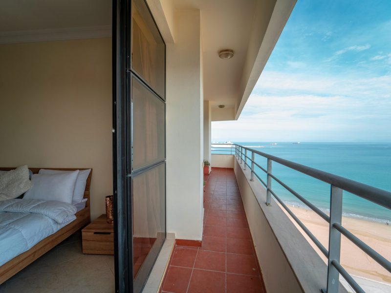 Luxury bedroom balcony with a view over the Mediterranean Sea,